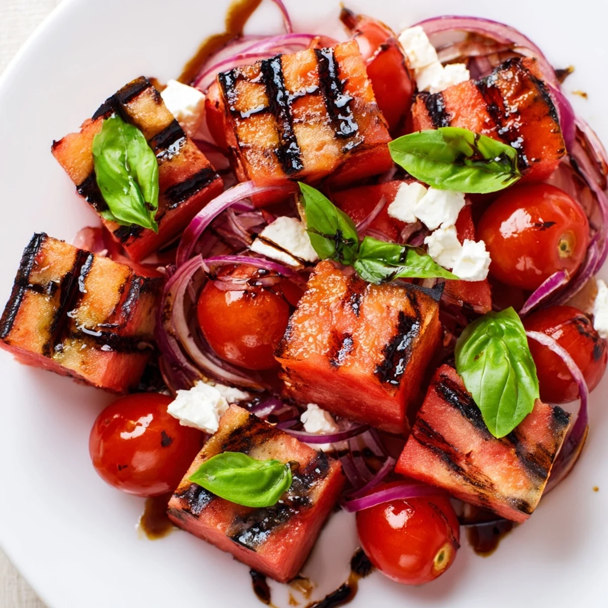 Mediterranean style salad featuring char-grilled watermelon pieces red onions and feta cheese garnish