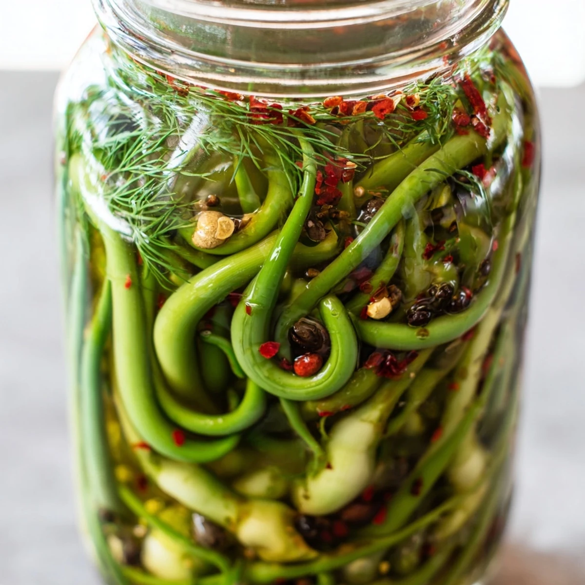 Golden garlic scapes packed tightly in glass jars with spicy red pepper flakes and whole peppercorns suspended in clear vinegar brine
