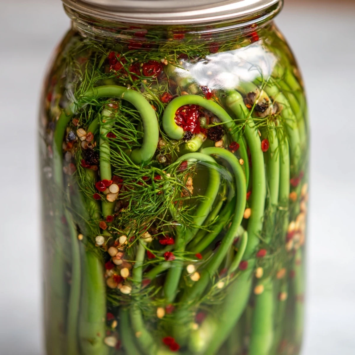 Crunchy garlic scape pickles arranged on wooden board alongside cheese and charcuterie, showcasing their vibrant green color and textured coils