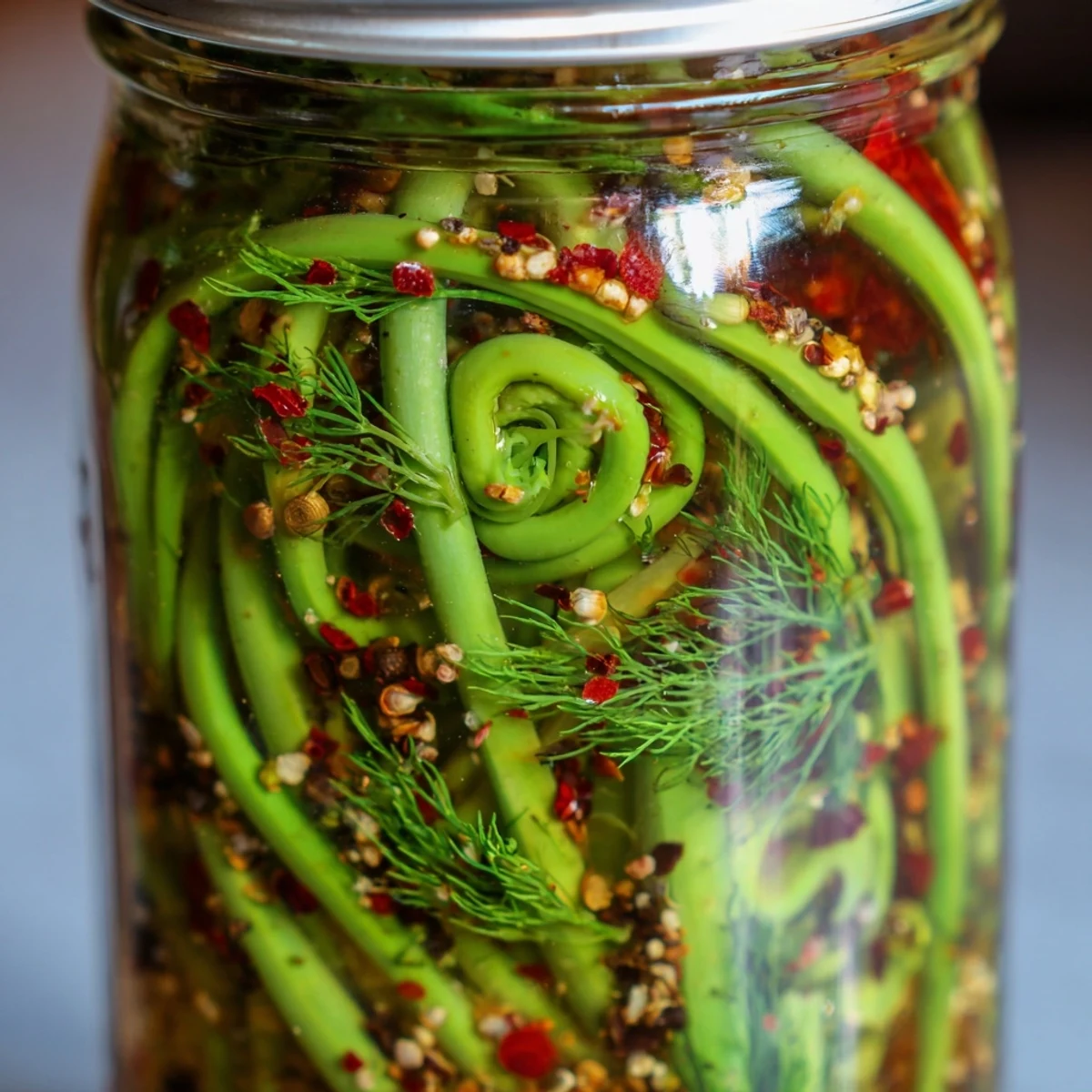 Spicy pickled garlic scapes curling inside mason jars with fresh dill sprigs and dried chilies preserved in tangy liquid