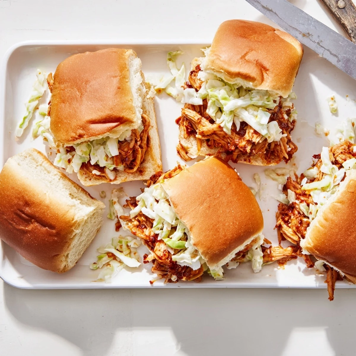 Tender BBQ pulled chicken sliders piled high on sweet, toasted Hawaiian rolls with creamy coleslaw