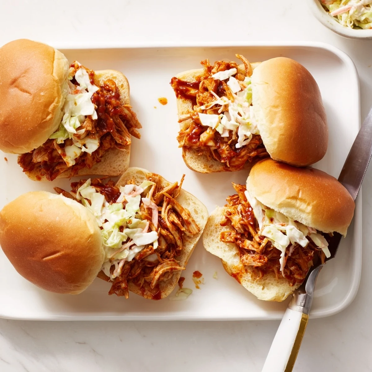 Golden Hawaiian roll sliders stuffed with smoky shredded BBQ chicken and crisp coleslaw topping