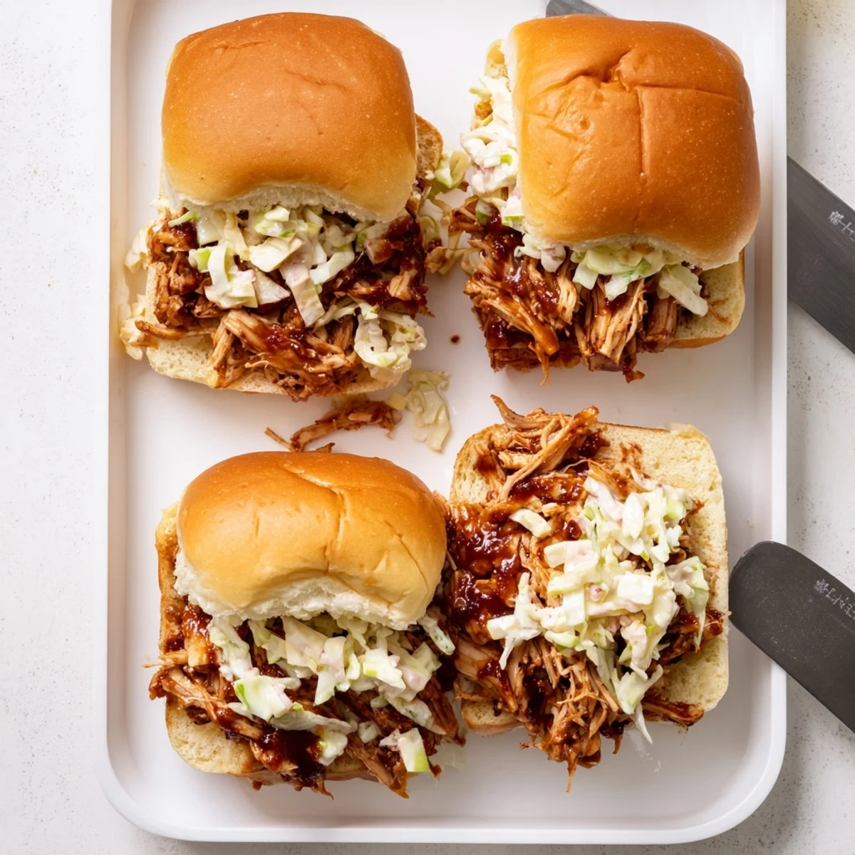 Stack of Hawaiian rolls filled with saucy BBQ pulled chicken, perfect for party gatherings