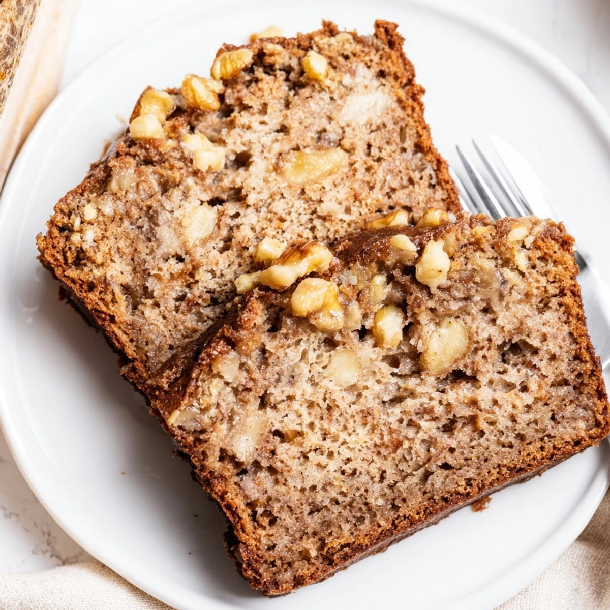 Freshly baked banana nut bread with a marbled cinnamon swirl and crunchy walnuts on a wire cooling rack