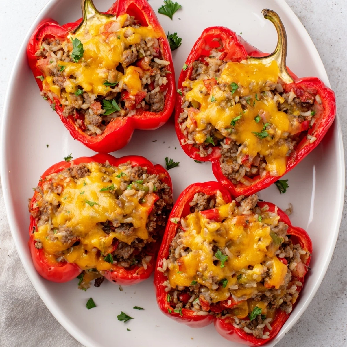 Plump roasted peppers filled with savory kielbasa beef rice and melted cheddar cheese
