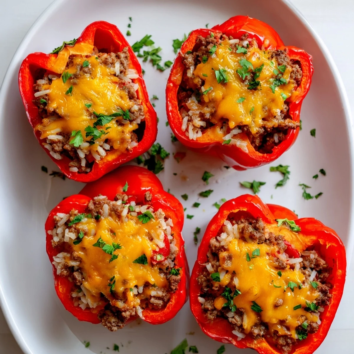 Golden topped kielbasa stuffed bell peppers overflowing with cheesy beef rice filling