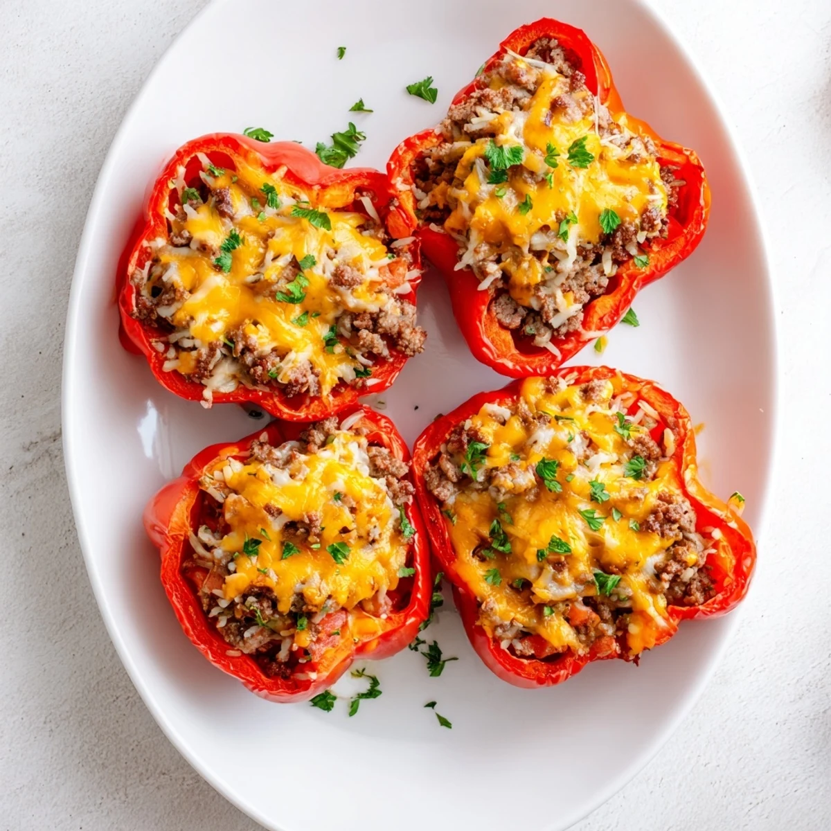 Baked bell peppers mounded with a hearty mixture of kielbasa ground beef and rice