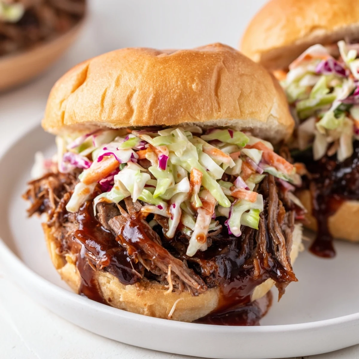 Tender BBQ pulled beef sliders topped with crunchy coleslaw on golden brioche buns