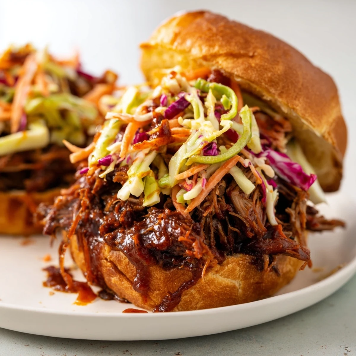 Savory BBQ pulled beef sliders piled high with colorful coleslaw on soft toasted brioche