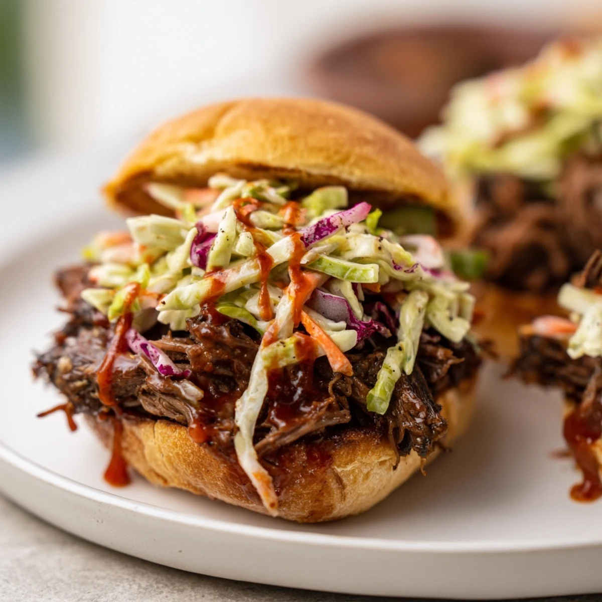 Homemade BBQ pulled beef sliders with crisp coleslaw and rich barbecue sauce on brioche