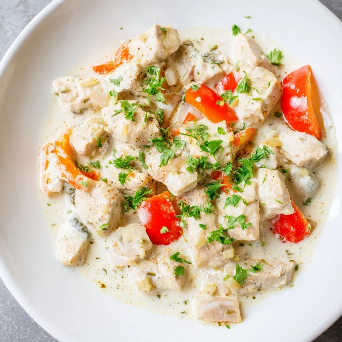 Golden Brazilian coconut chicken pieces swimming in creamy white coconut milk sauce with red bell pepper strips
