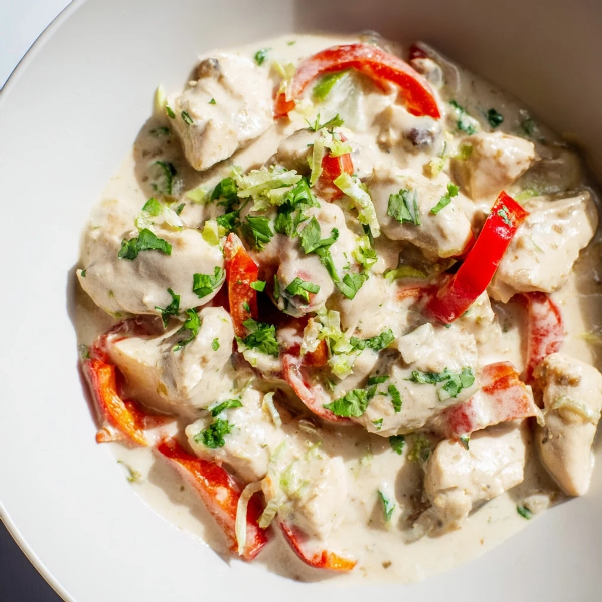 Tender chicken simmered in rich coconut milk sauce garnished with fresh green cilantro and lime wedges