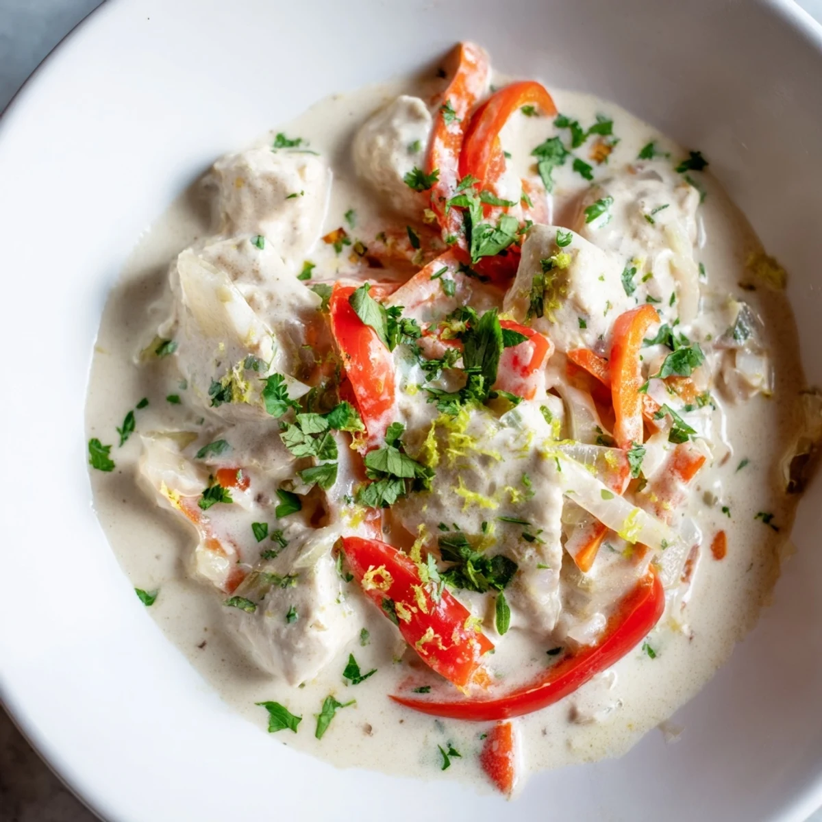 Creamy Brazilian coconut chicken served in a white bowl alongside fluffy steamed white rice with cilantro sprinkle