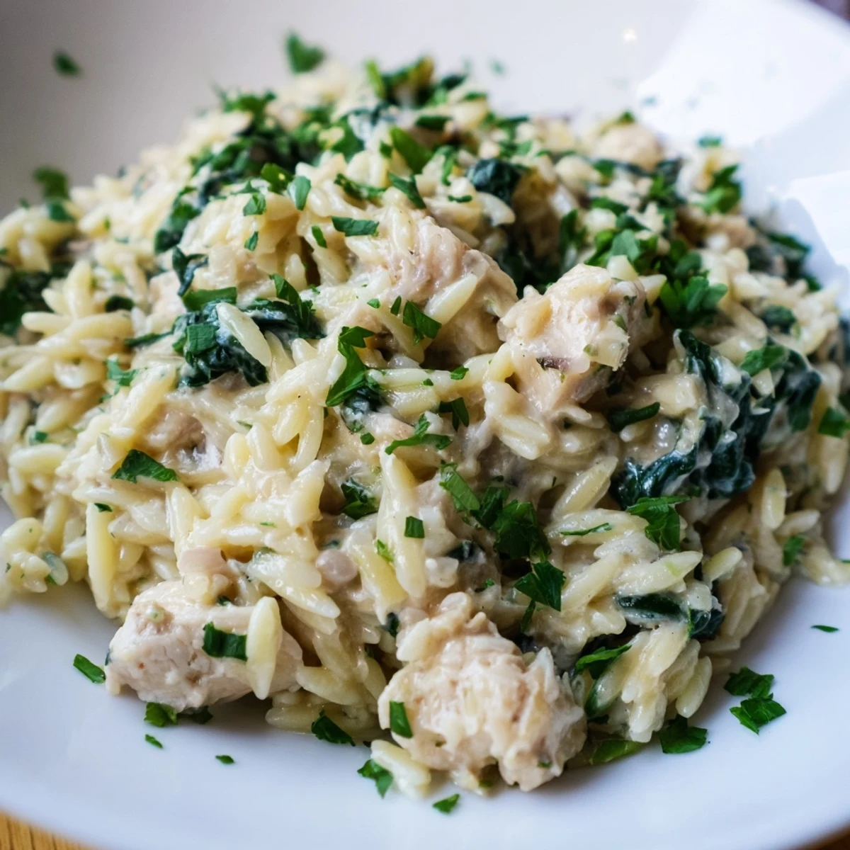 Creamy one pan Boursin chicken orzo with wilted spinach garnished with fresh parsley