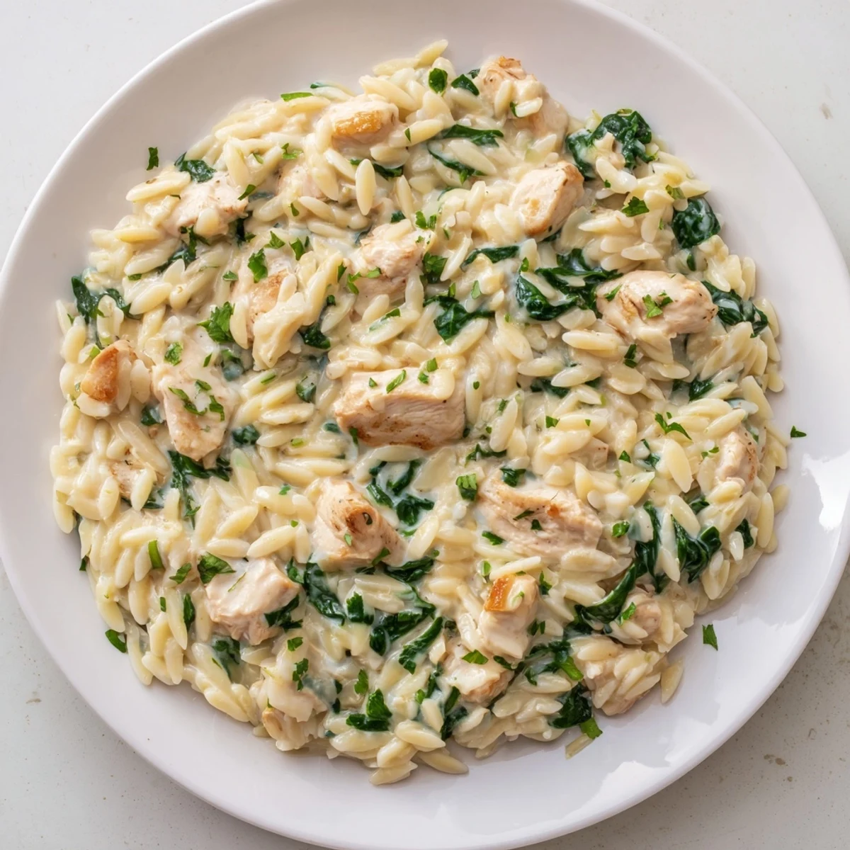 Golden chicken pieces simmered in garlicky Boursin cheese sauce with tender orzo pasta