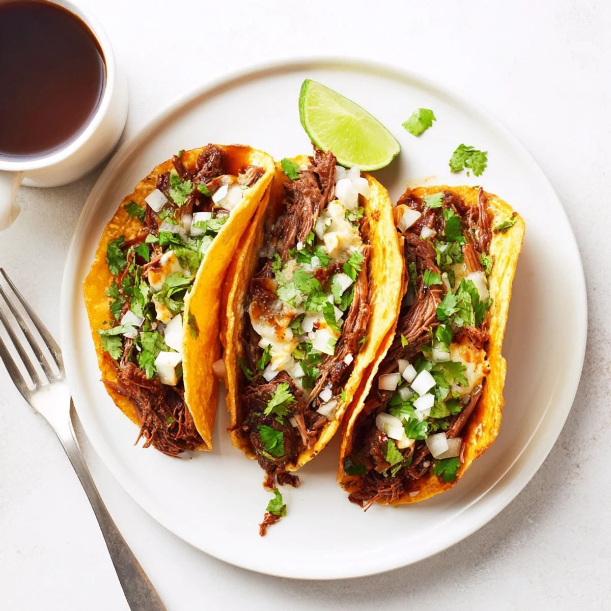 Birria Tacos served with fresh cilantro, onion, and side of rich dipping consommé