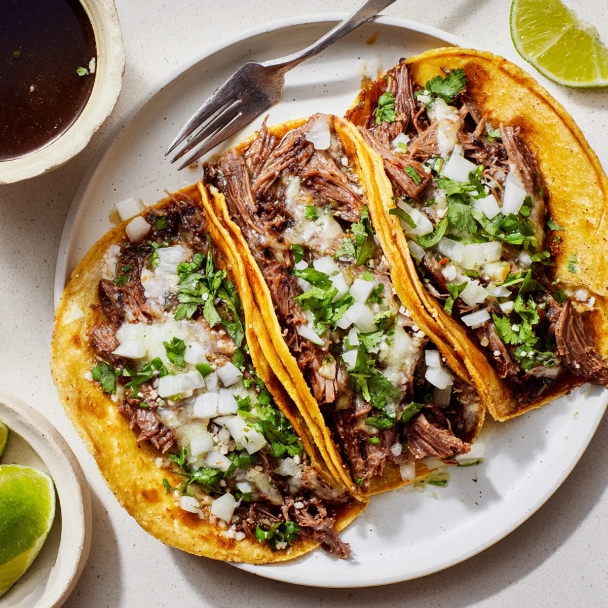 Golden crispy Birria Tacos stuffed with tender shredded beef and melted Oaxaca cheese