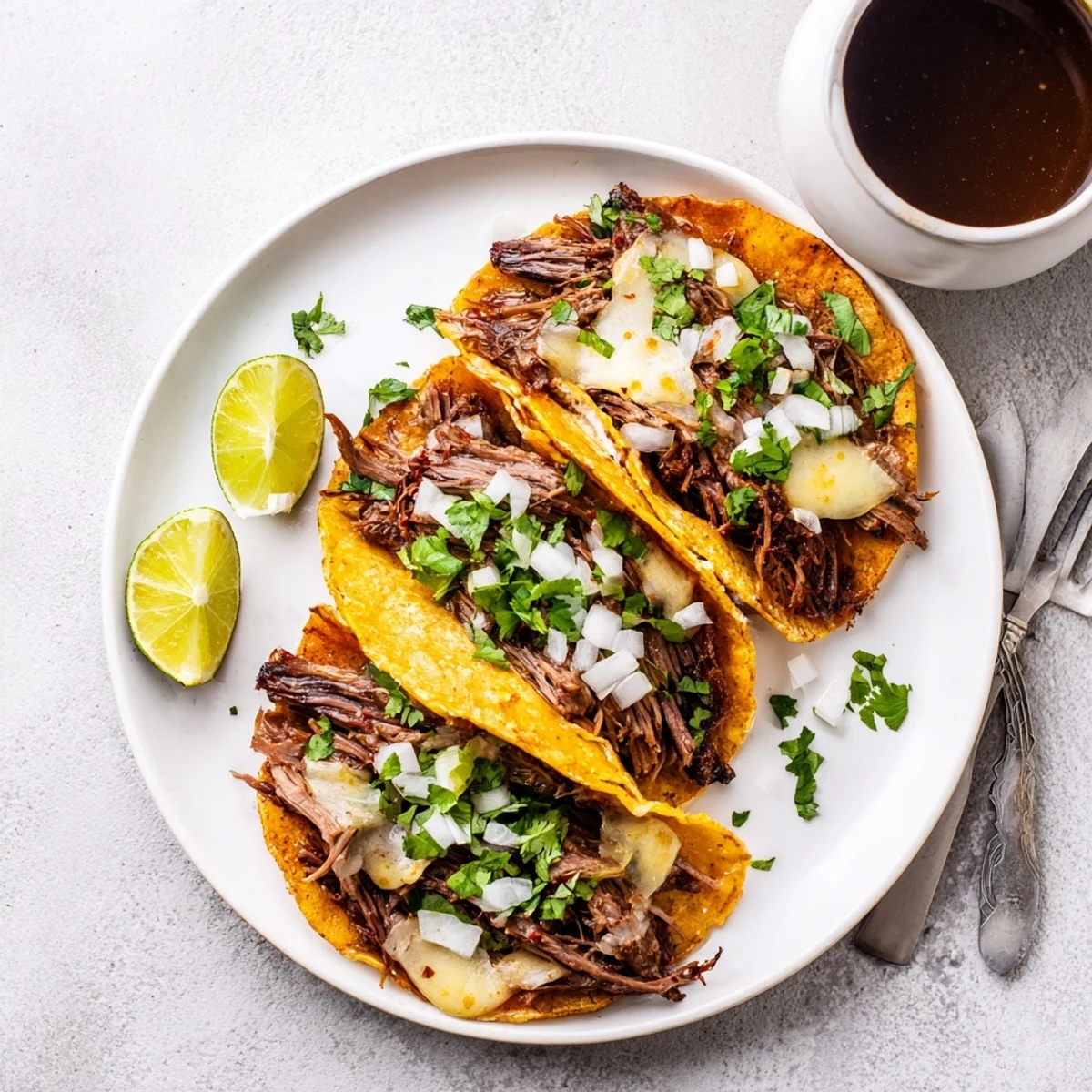Plate of Birria Tacos featuring crispy fried tortillas filled with juicy slow-cooked beef
