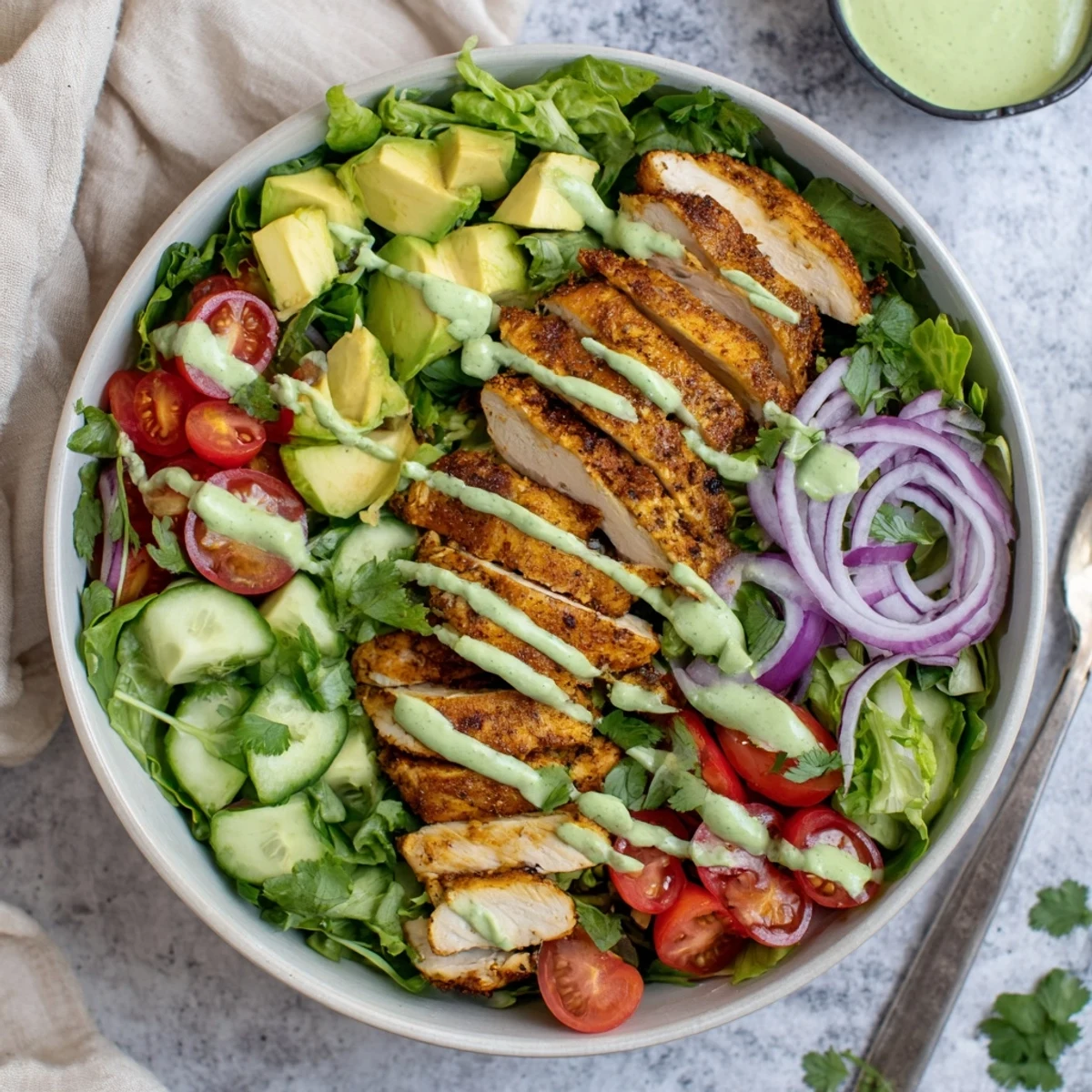 Golden grilled chicken slices rest atop vibrant mixed greens with creamy avocado chunks in this wholesome salad bowl
