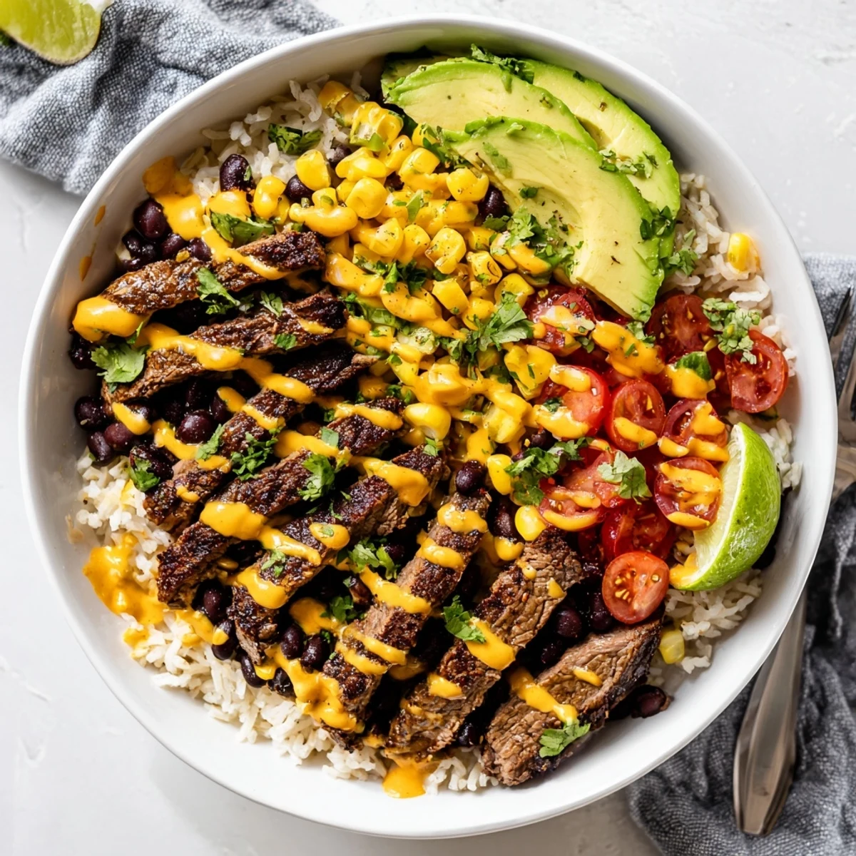 Tex-Mex steak queso rice bowl featuring tender sliced steak drizzled with creamy homemade queso