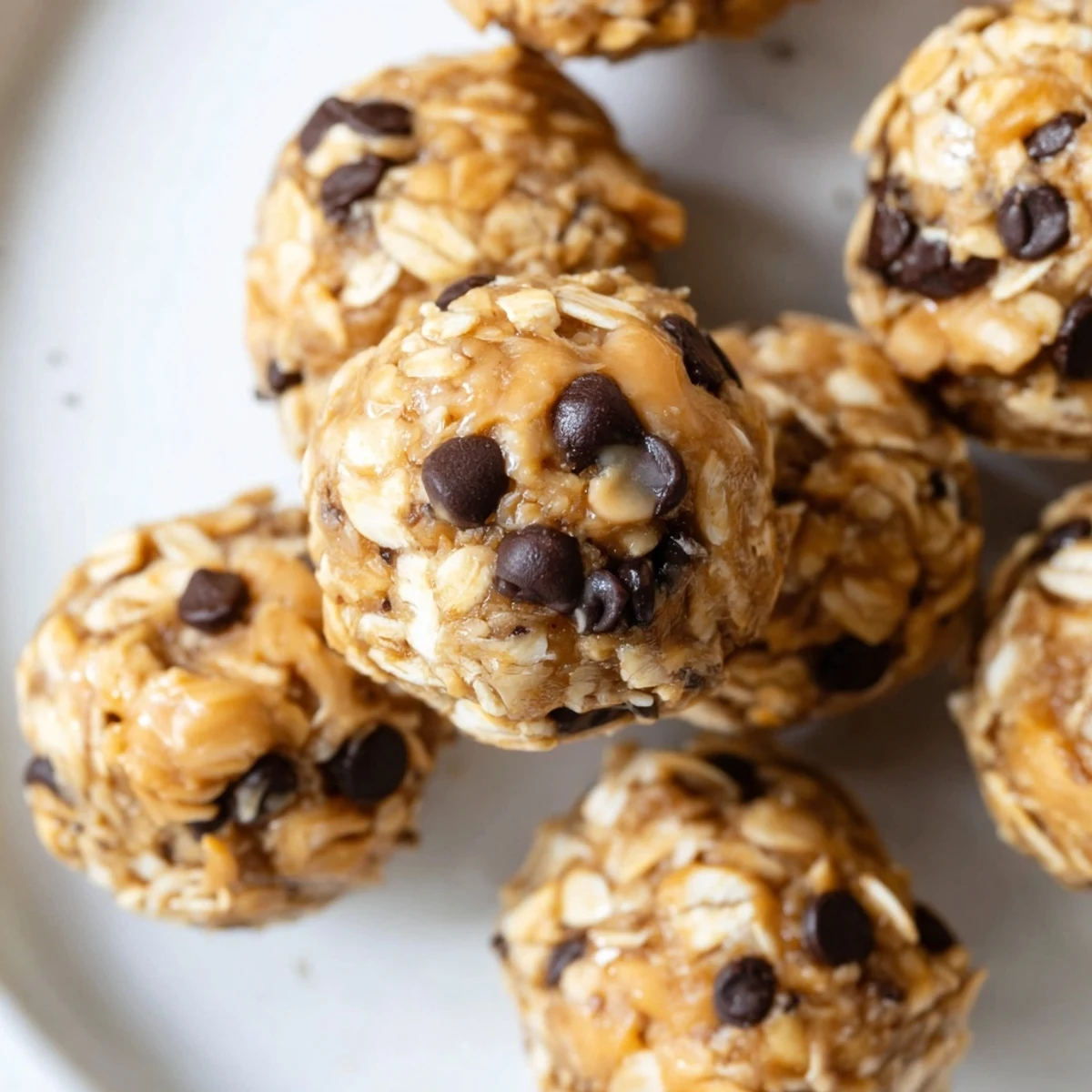 Bite-sized peanut butter energy balls rolled with oats and dark chocolate chips on a white plate