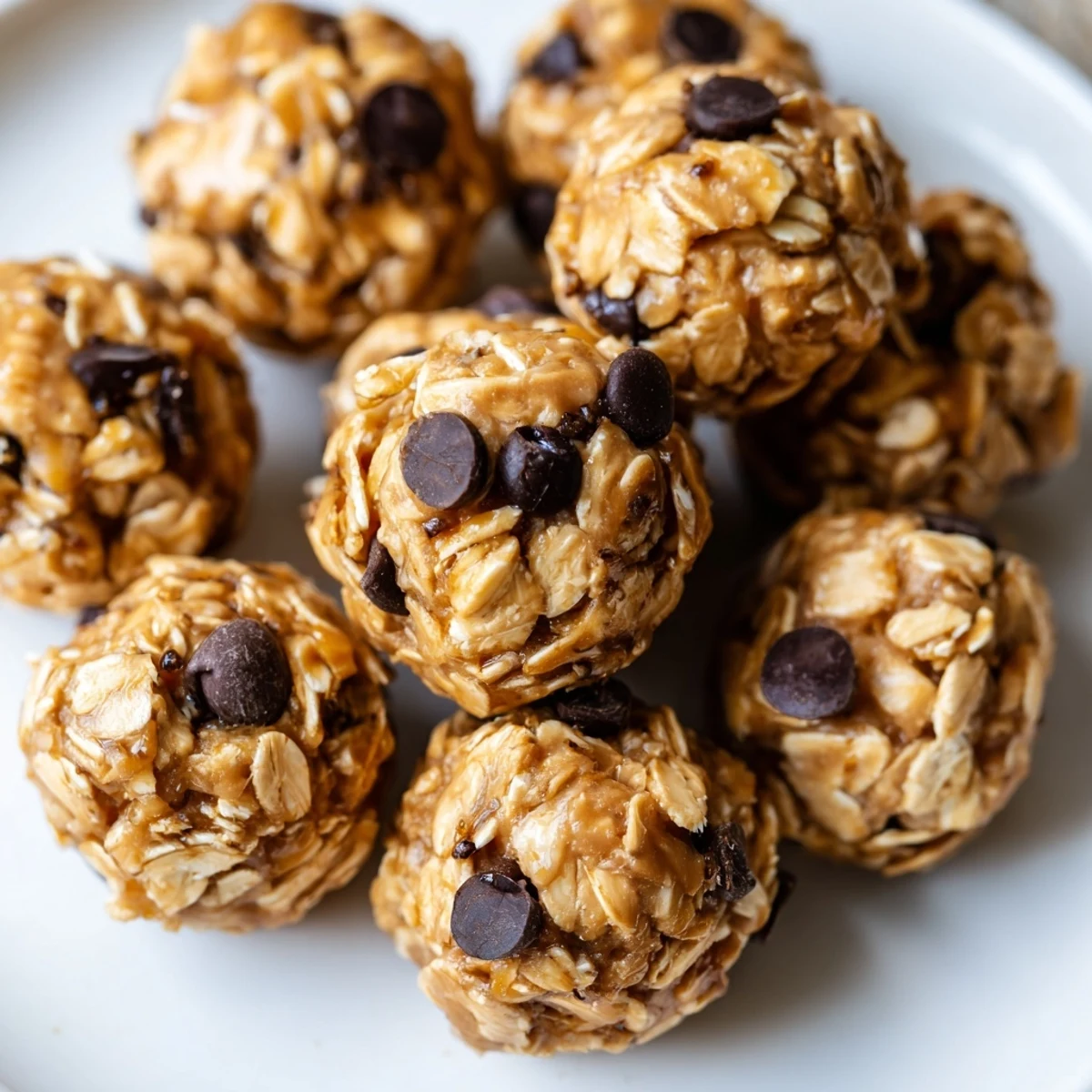 Homemade peanut butter energy balls stacked on a parchment-lined baking sheet ready for refrigeration