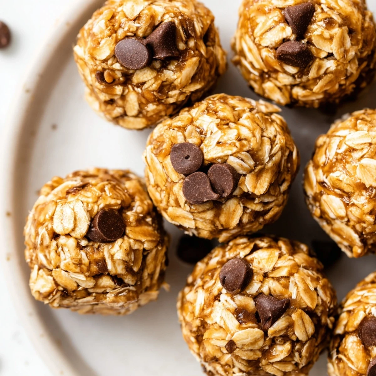 Close-up of peanut butter energy balls with visible oats and chocolate chip texture on a wooden board