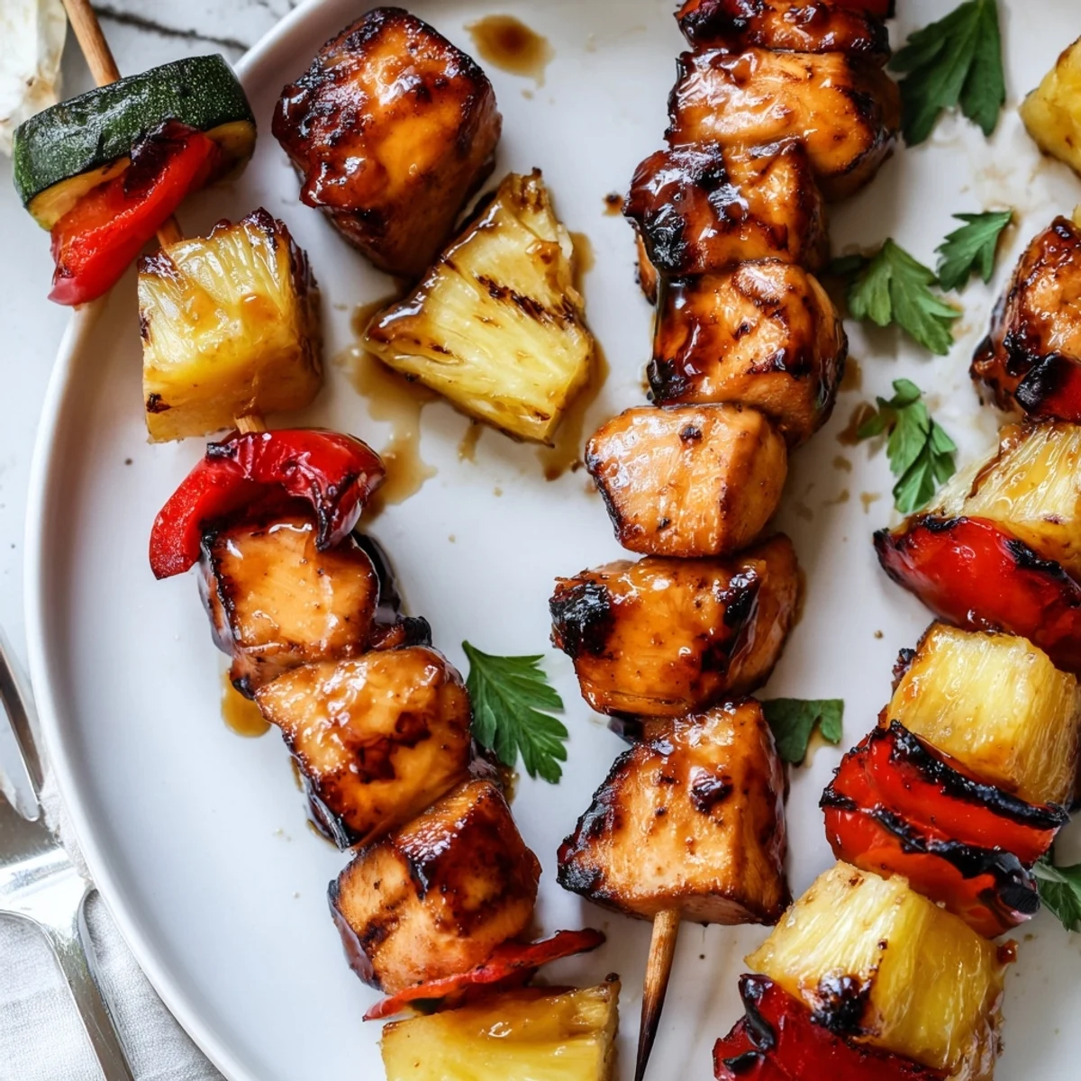 Grilled Chicken Kabobs With Pineapple And Zucchini sizzling on grill, juicy tender bites.