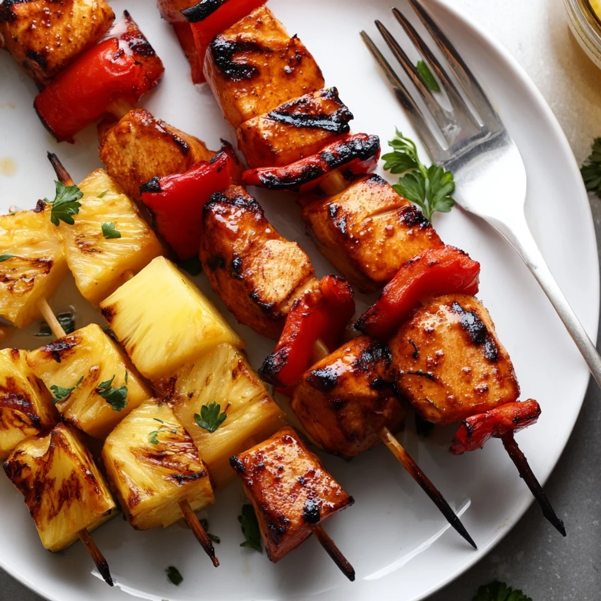 Charred skewers of Grilled Chicken Kabobs With Pineapple And Zucchini, smoky summer aroma.