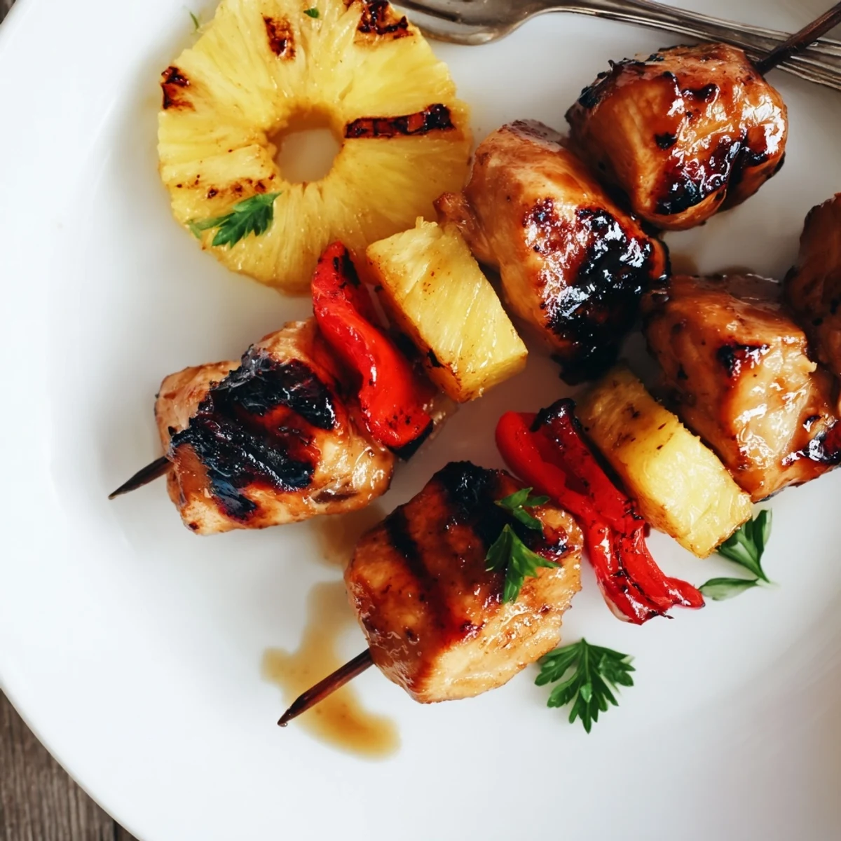 Plated Grilled Chicken Kabobs With Pineapple And Zucchini, colorful summer dinner ready.