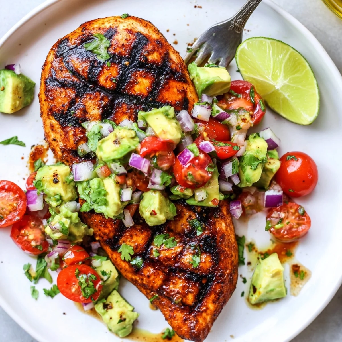 Juicy Grilled California Avocado Chicken on a plate, lime-spritzed, charred grill marks