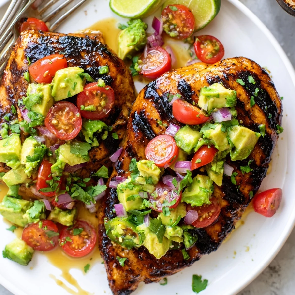 Sliced Juicy Grilled California Avocado Chicken topped with silky avocado-tomato salsa