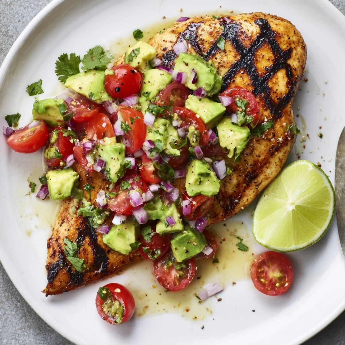 Zesty lime-kissed Juicy Grilled California Avocado Chicken resting, ready for plating