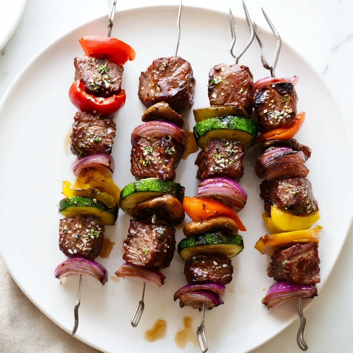 Grilled Steak Kabobs glistening with charred edges, colorful peppers and onions