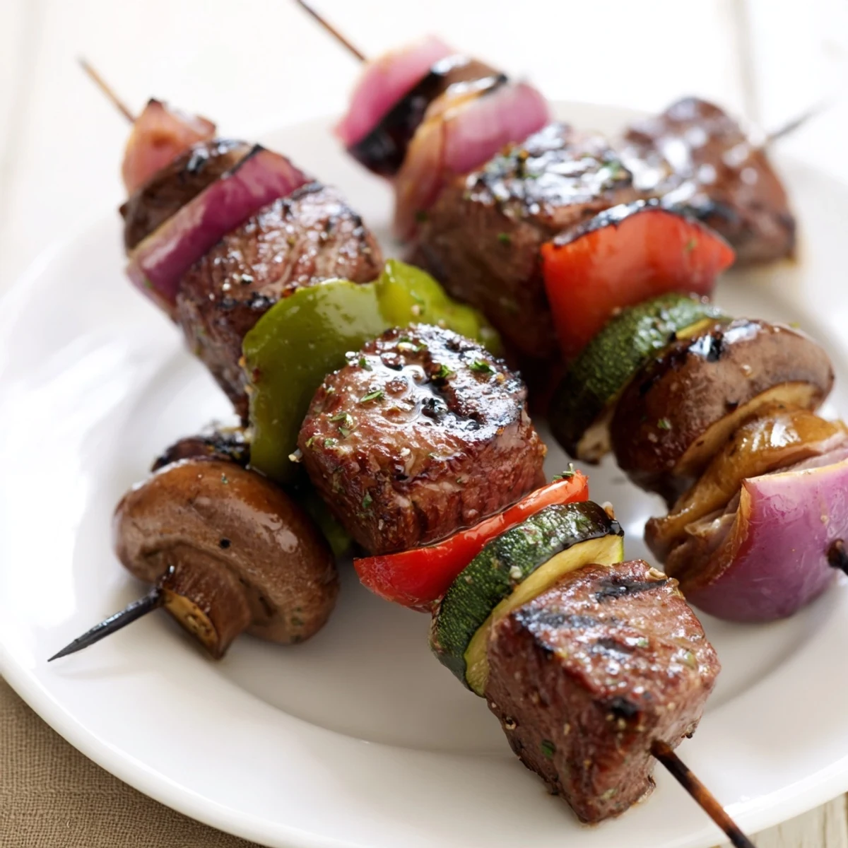 Sizzling Grilled Steak Kabobs threaded with marinated sirloin, smoky summer aroma