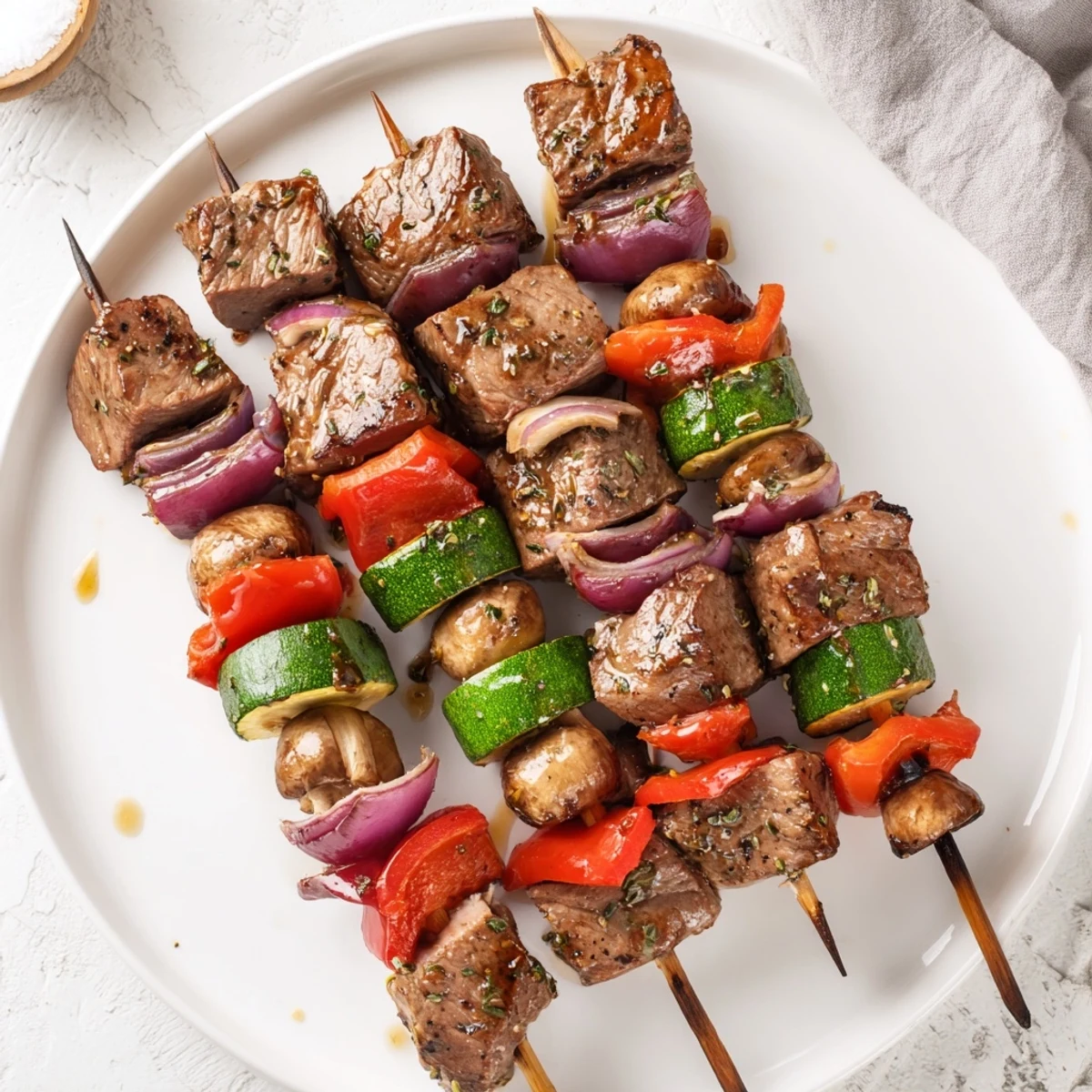 Plated Grilled Steak Kabobs resting to retain juices, served with rice