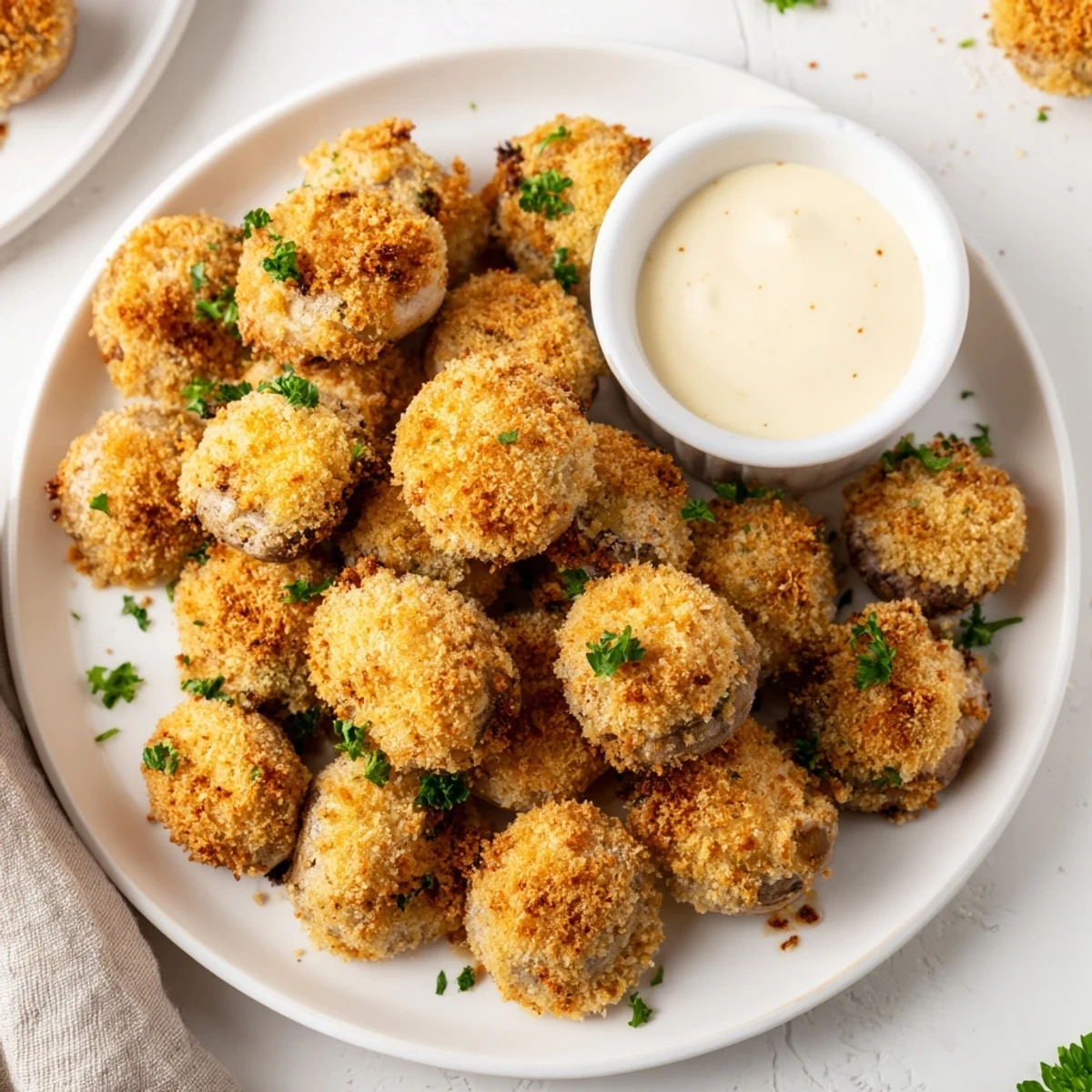 Golden brown crispy fried mushrooms arranged on a white plate with fresh parsley garnish