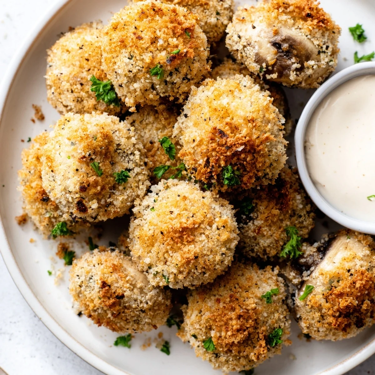 Bowl of deep fried crispy mushrooms seasoned with paprika and garlic powder atop breadcrumbs
