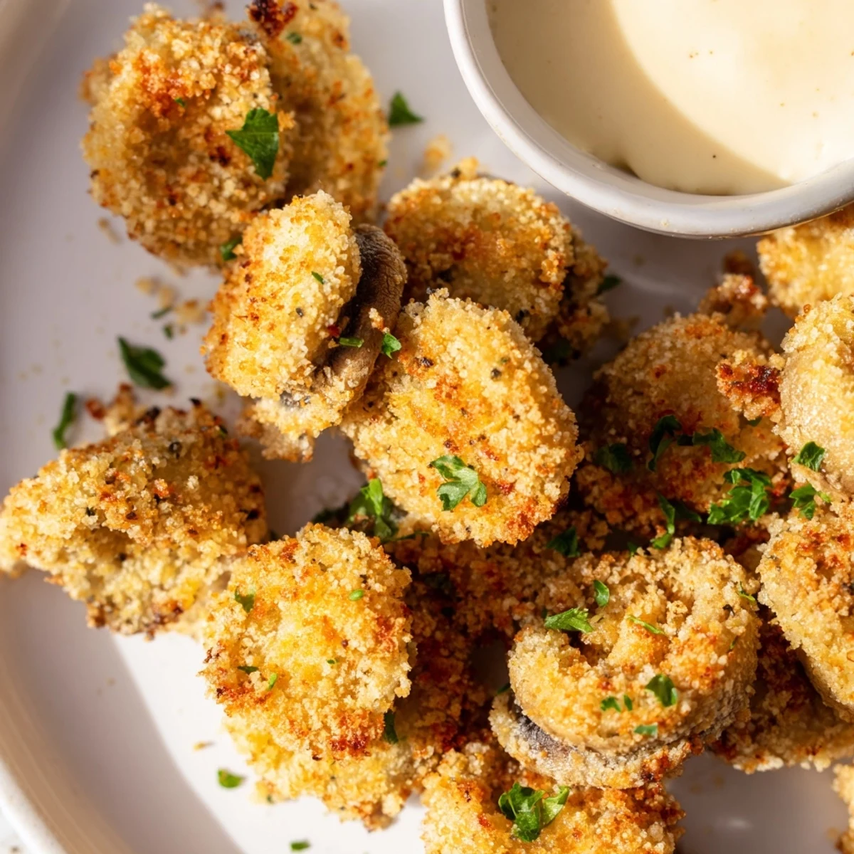 Plate of golden crispy fried mushrooms served with creamy dipping sauce for appetizers