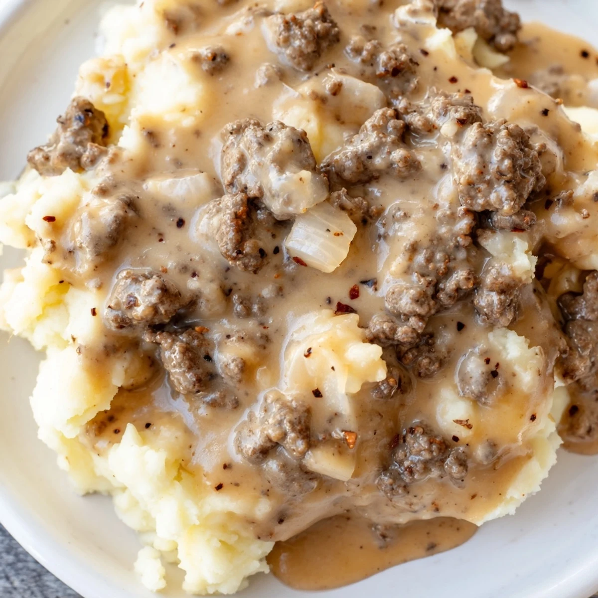 Rich and creamy homemade hamburger gravy ladled generously over fluffy mashed potatoes