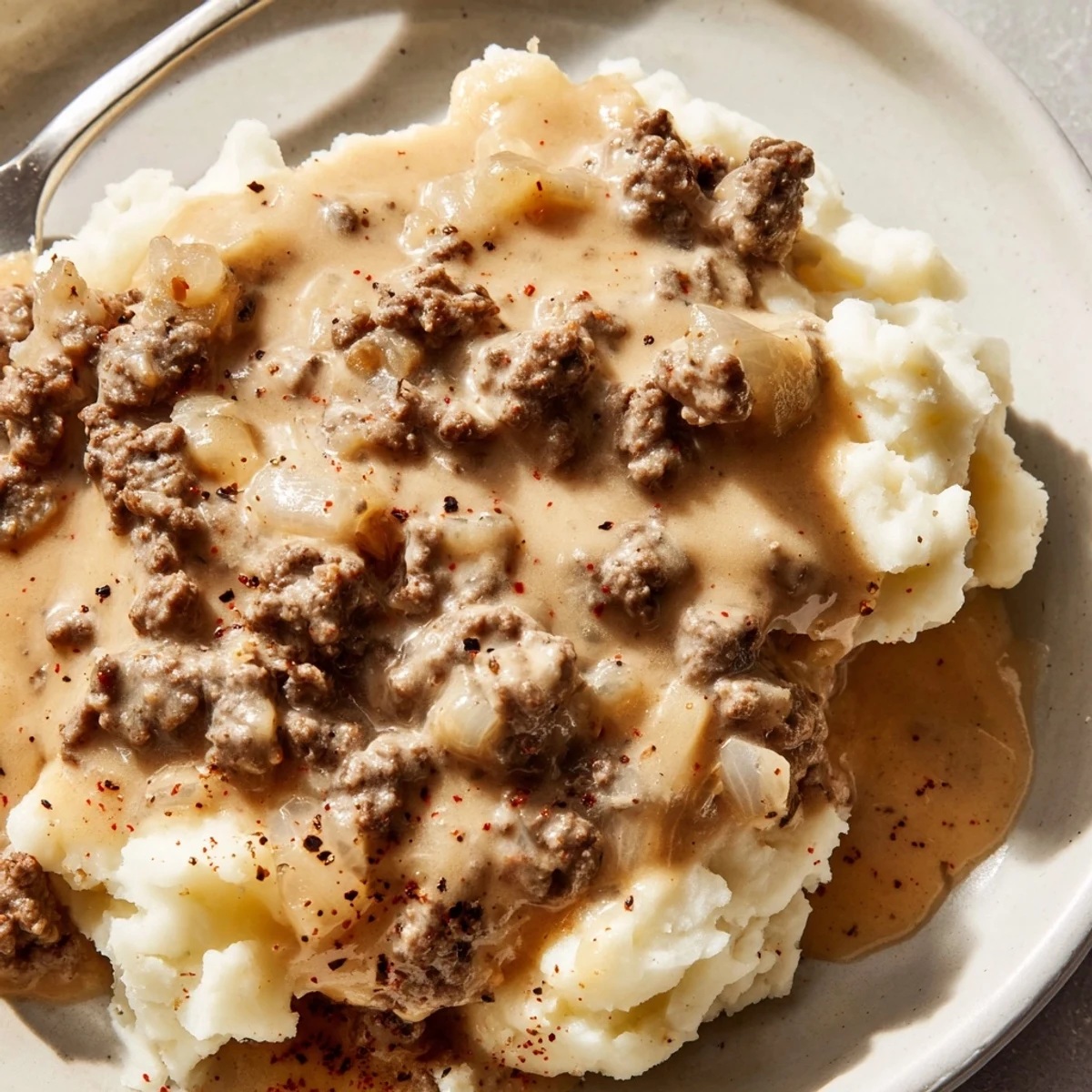 Savory ground beef gravy with onions simmered in a white skillet, thick and bubbling