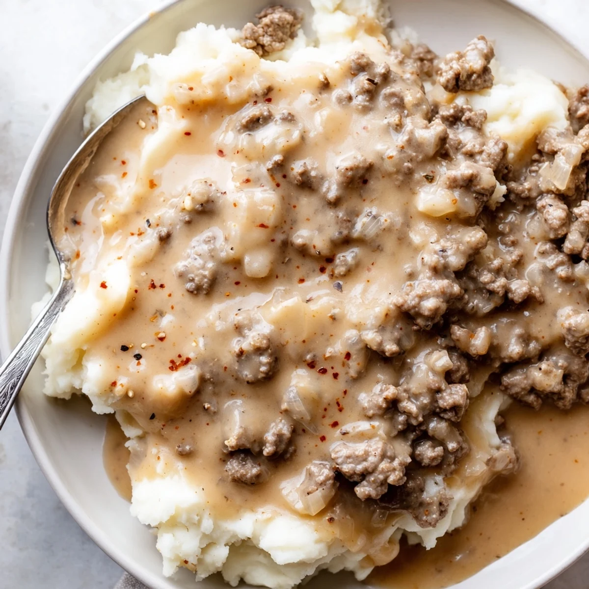 Hearty homemade hamburger gravy served piping hot over freshly baked buttermilk biscuits with parsley garnish