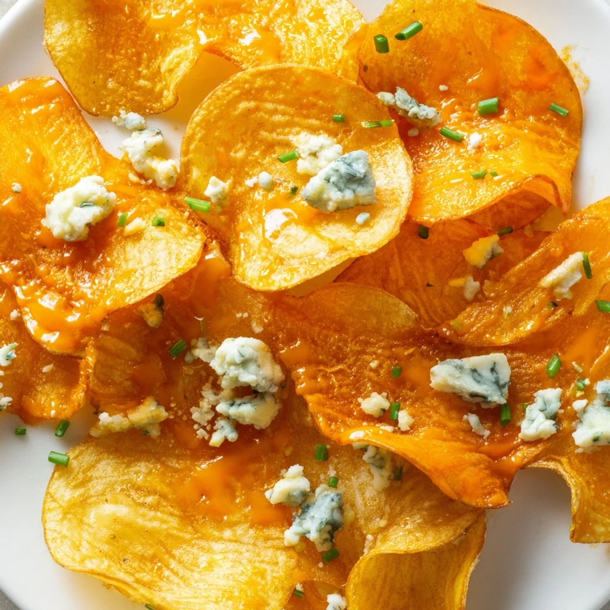 Golden crispy Buffalo chips drizzled with spicy red sauce and sprinkled with fresh chives