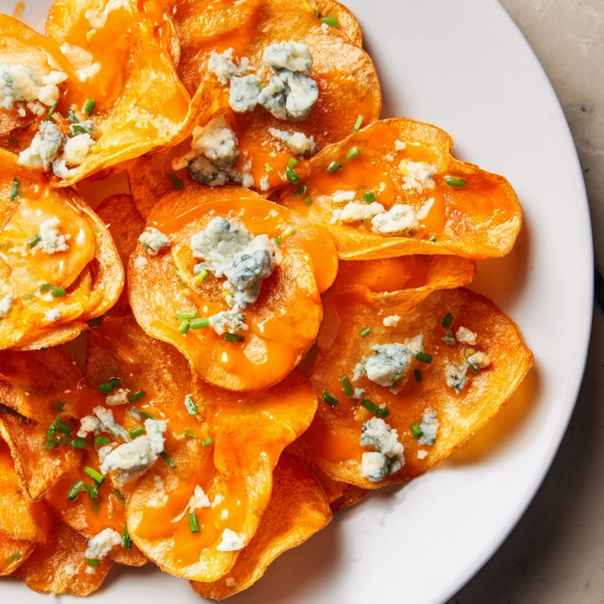 Plate of Buffalo chips featuring seasoned potato slices coated in tangy buttery hot sauce