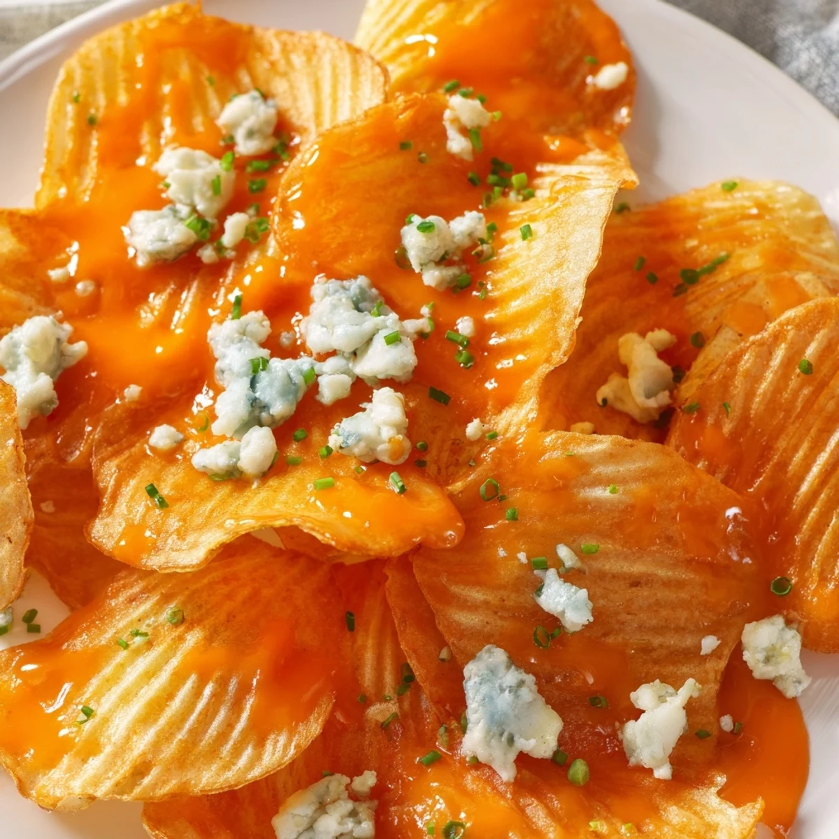 Crispy fried Buffalo chips arranged on serving platter with blue cheese crumbles and green onions