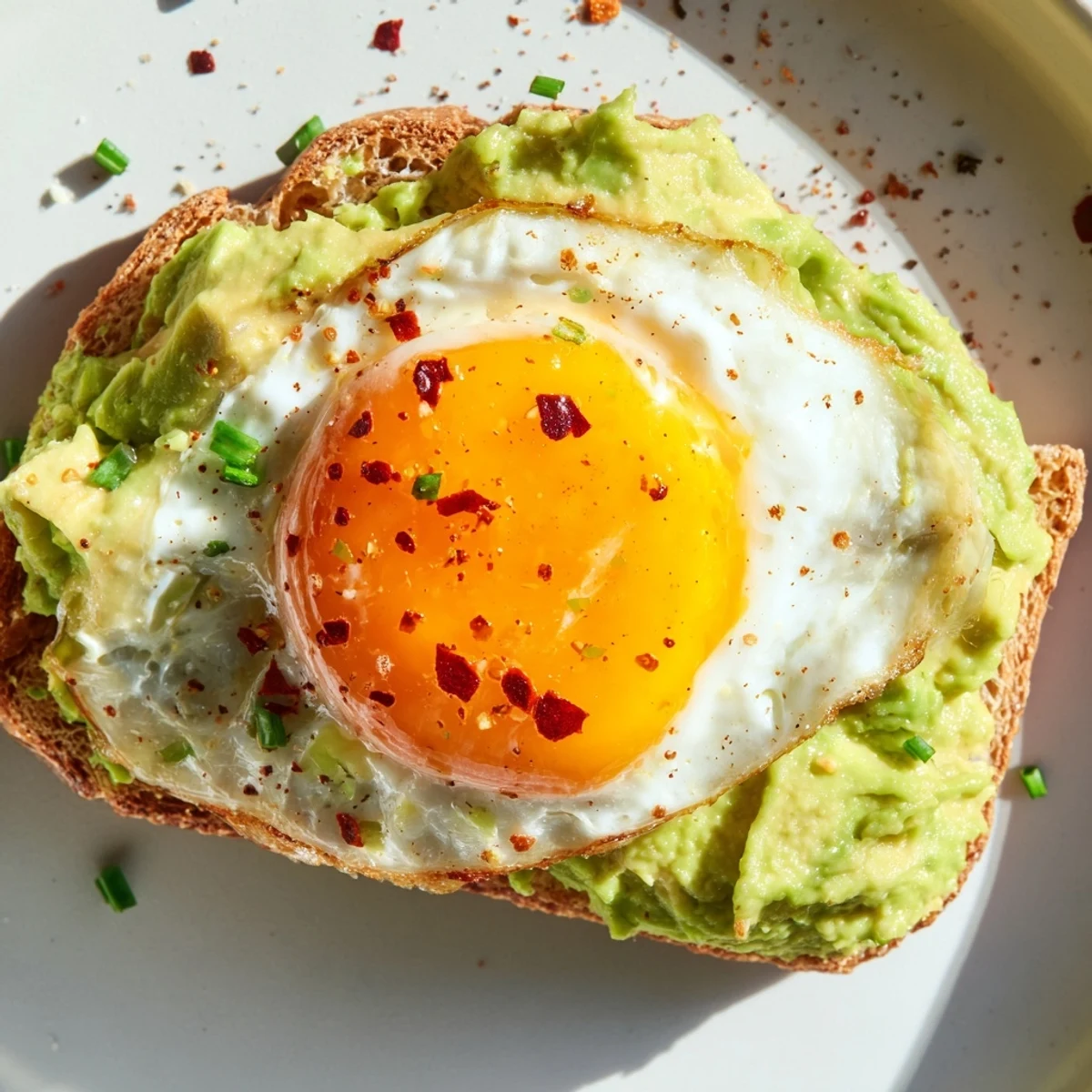 Simple avocado toast with egg featuring bright red pepper flakes and fresh green herbs