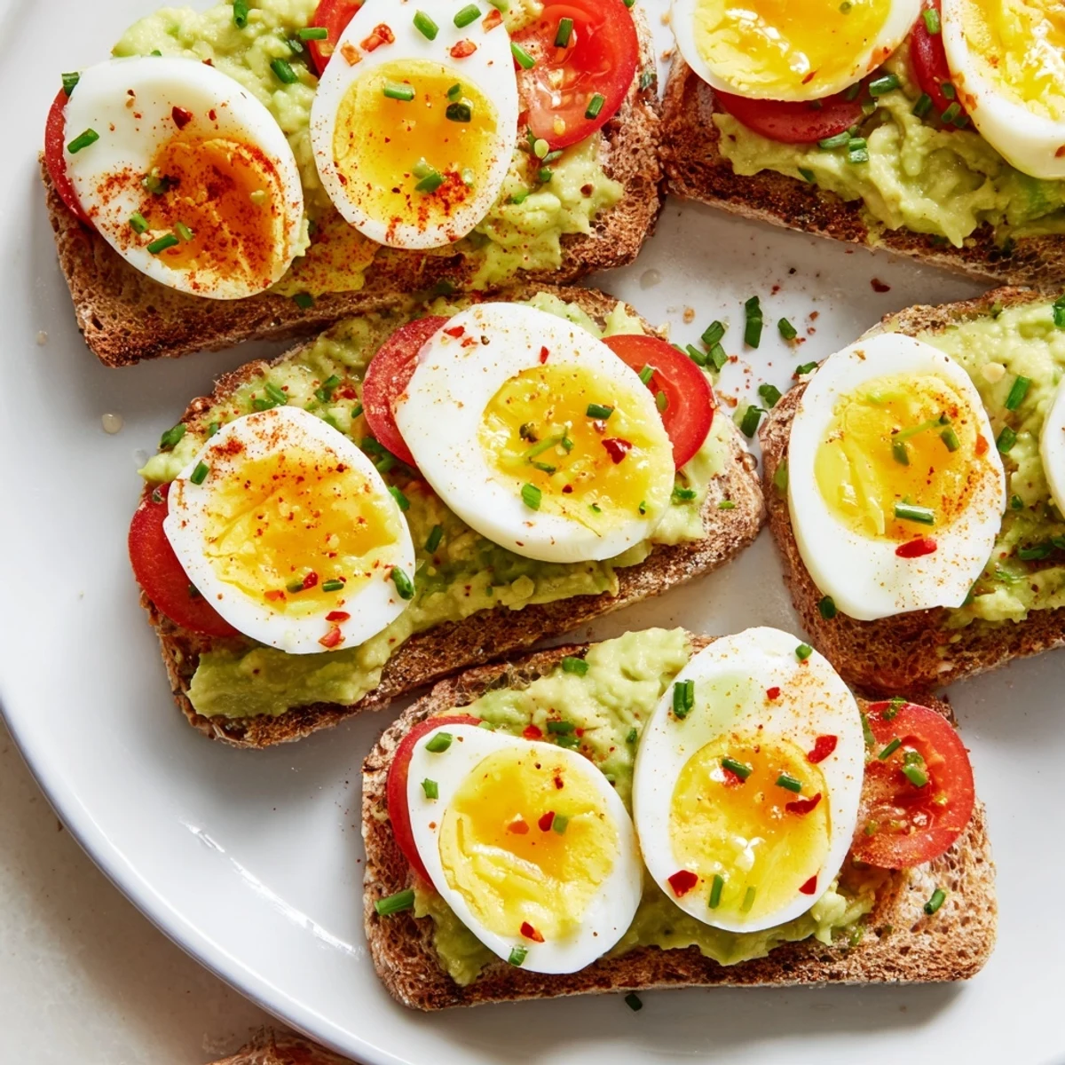 Golden avocado toast topped with sliced hard boiled eggs and fresh juicy tomato