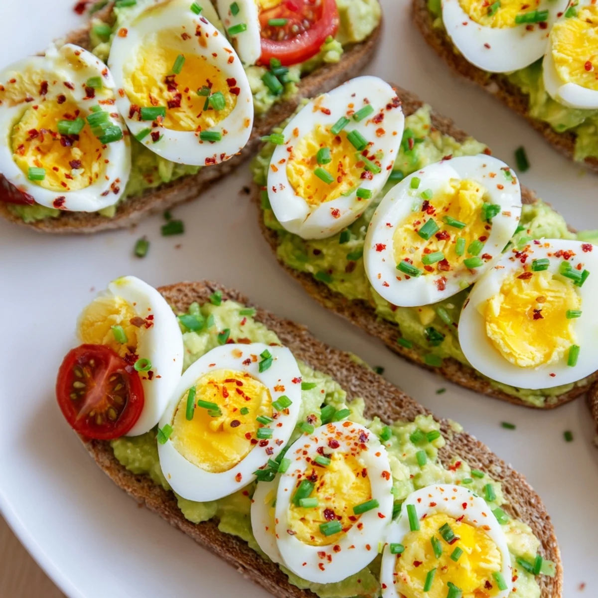 Creamy avocado spread on crispy toast layered with tomato and protein rich eggs
