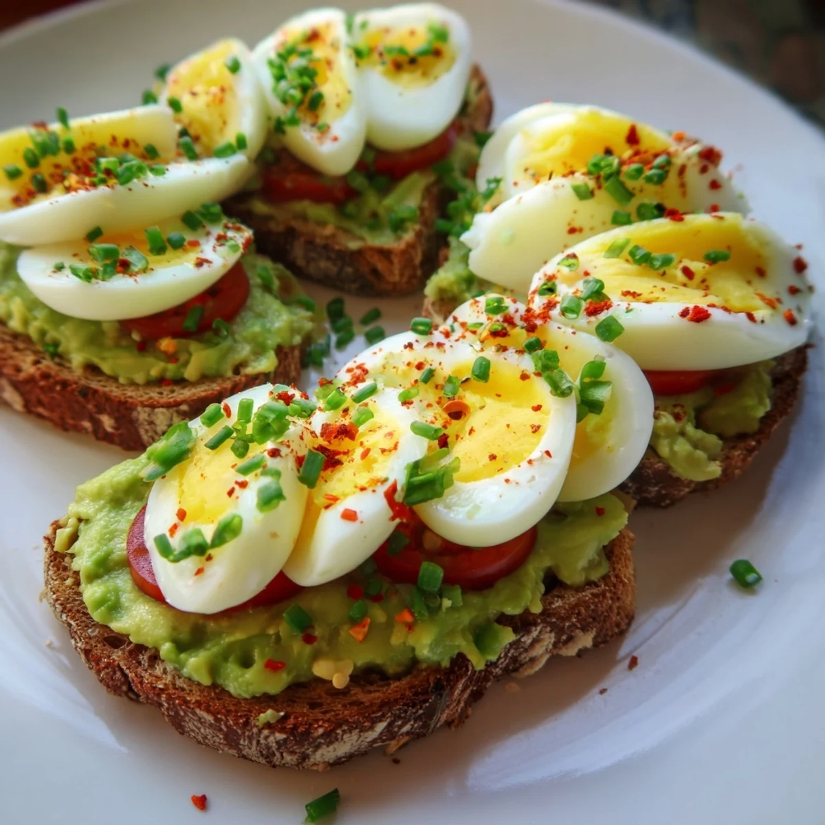 Hearty avocado toast with tomato and hard boiled egg recipe garnished with herbs