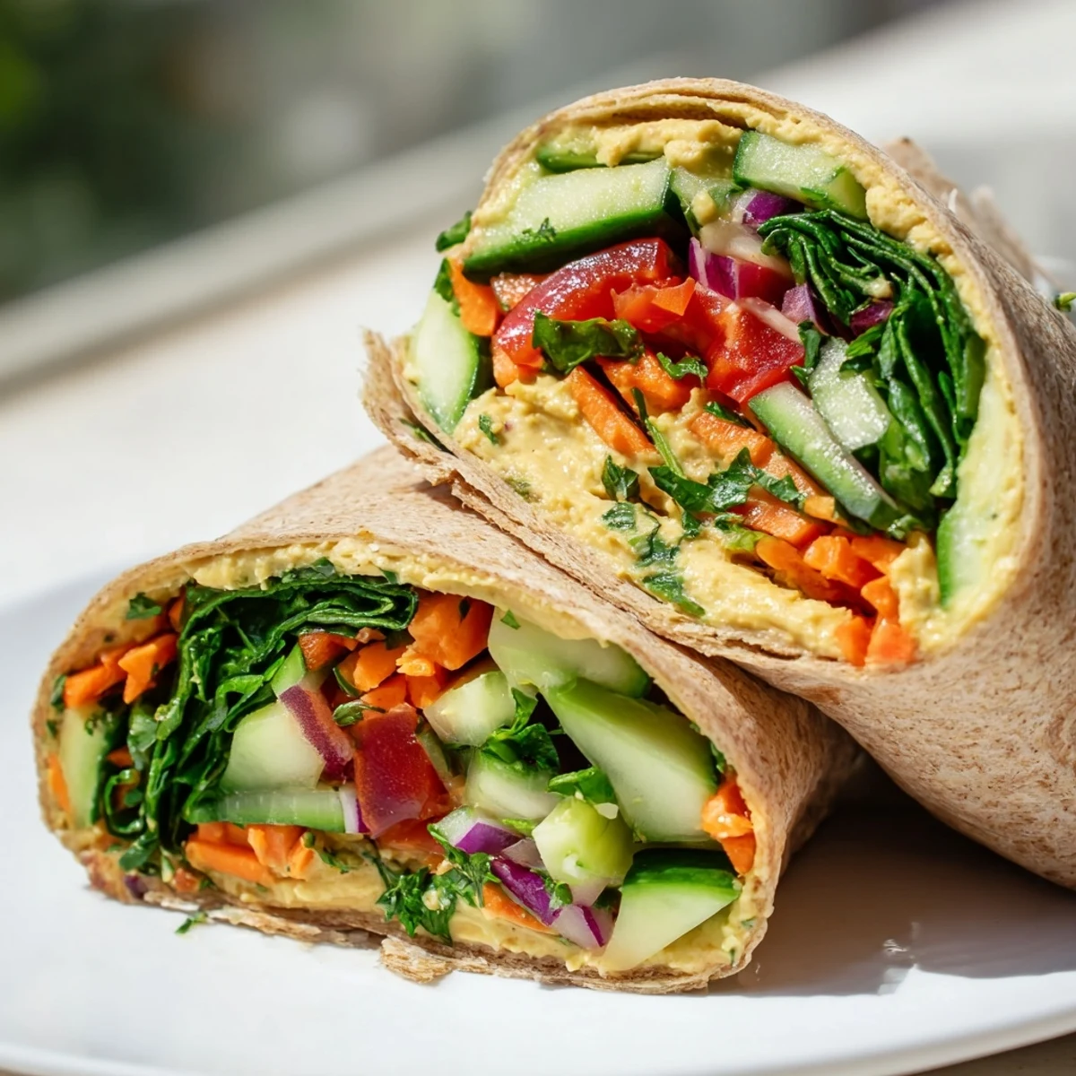 Golden whole wheat tortilla wrapped around creamy hummus and crisp colorful fresh vegetables for a satisfying plant-based lunch